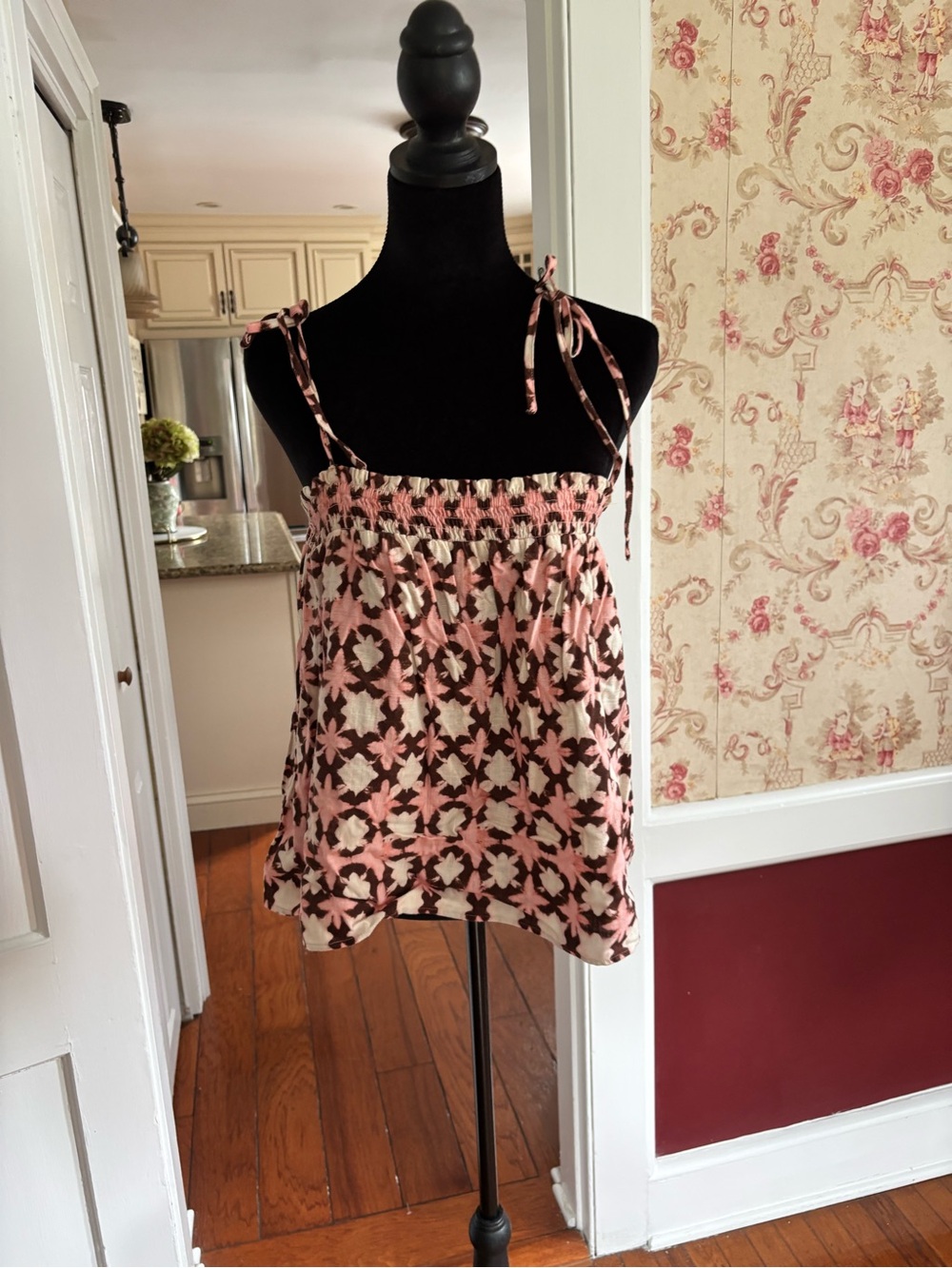 LOFT Pink and Brown Floral Smocked Tie-Strap Camisole
